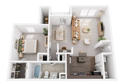 Floor plan for 1 bed, 1 bath, 949 sqft